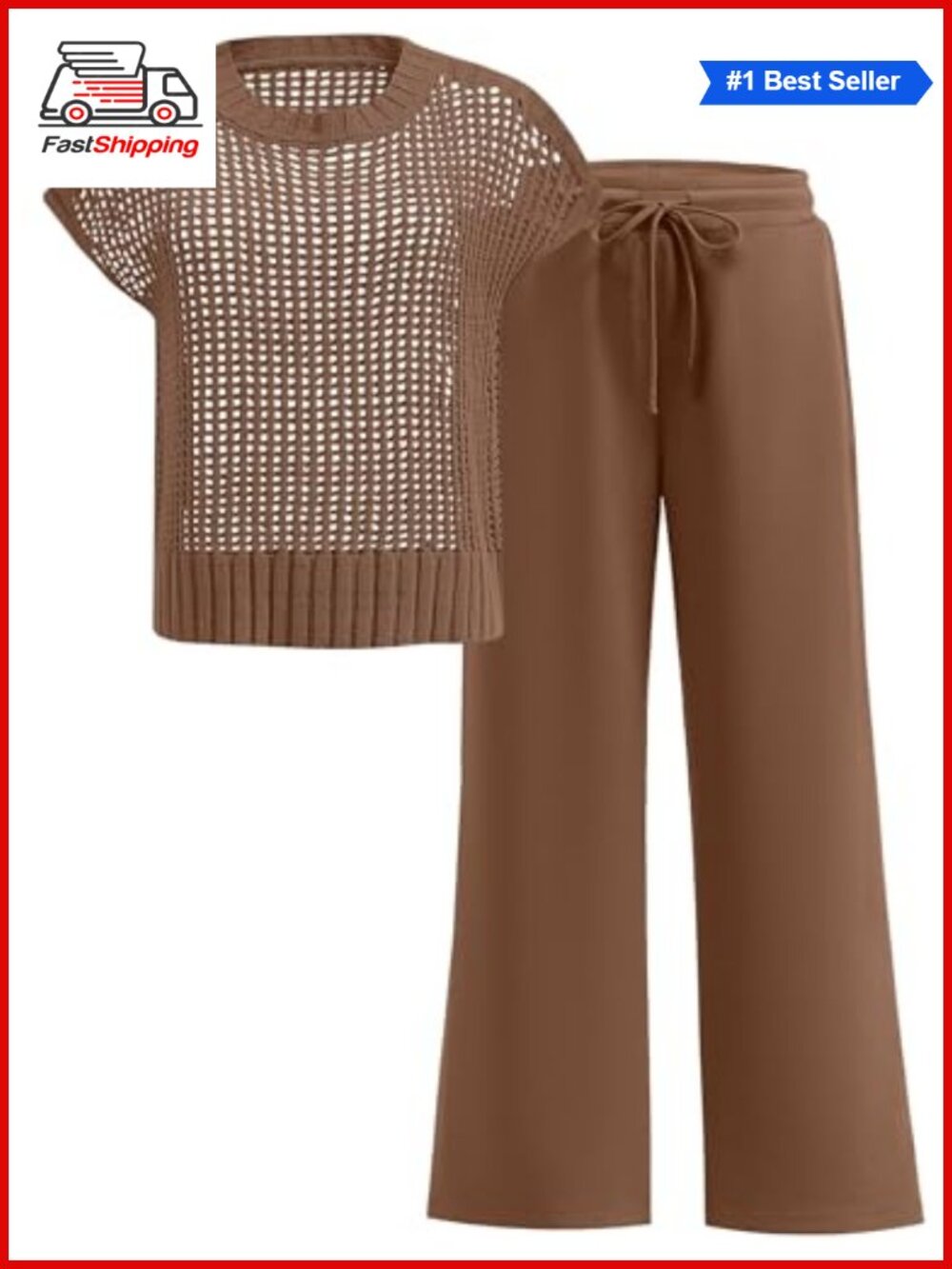 ✨ Crochet Sheer Knit Sweater Top Wide Leg Pants Lounge Matching Set Travel
